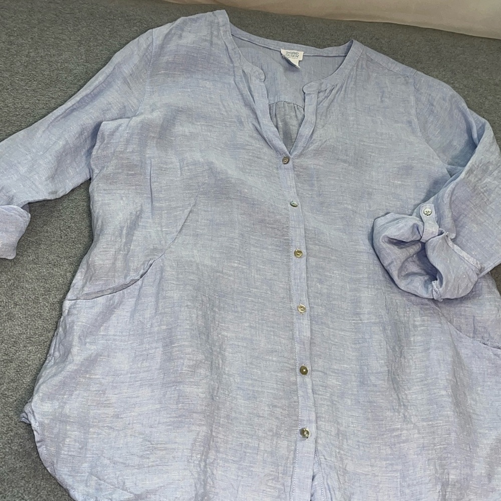 Sigrid Olsen Boho Linen Button Top Large Tunic Coastal Beach Lagenlook Roll Tab - Picture 2 of 10